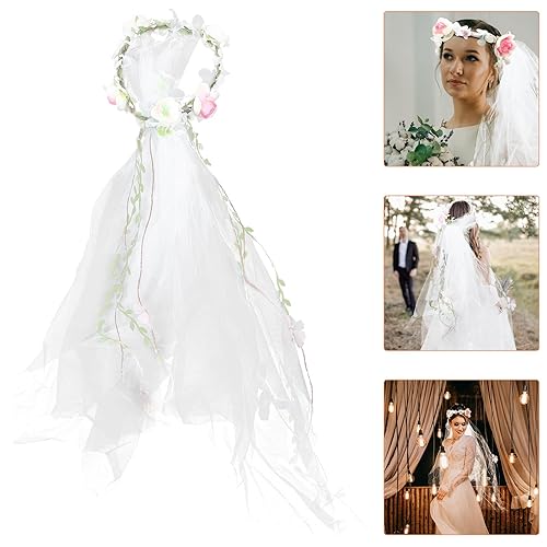 Miniatura 8 de Minkissy Diadema de velo de novia, diadema de velo blanco, corona de flores con cinta ajustable para mujer