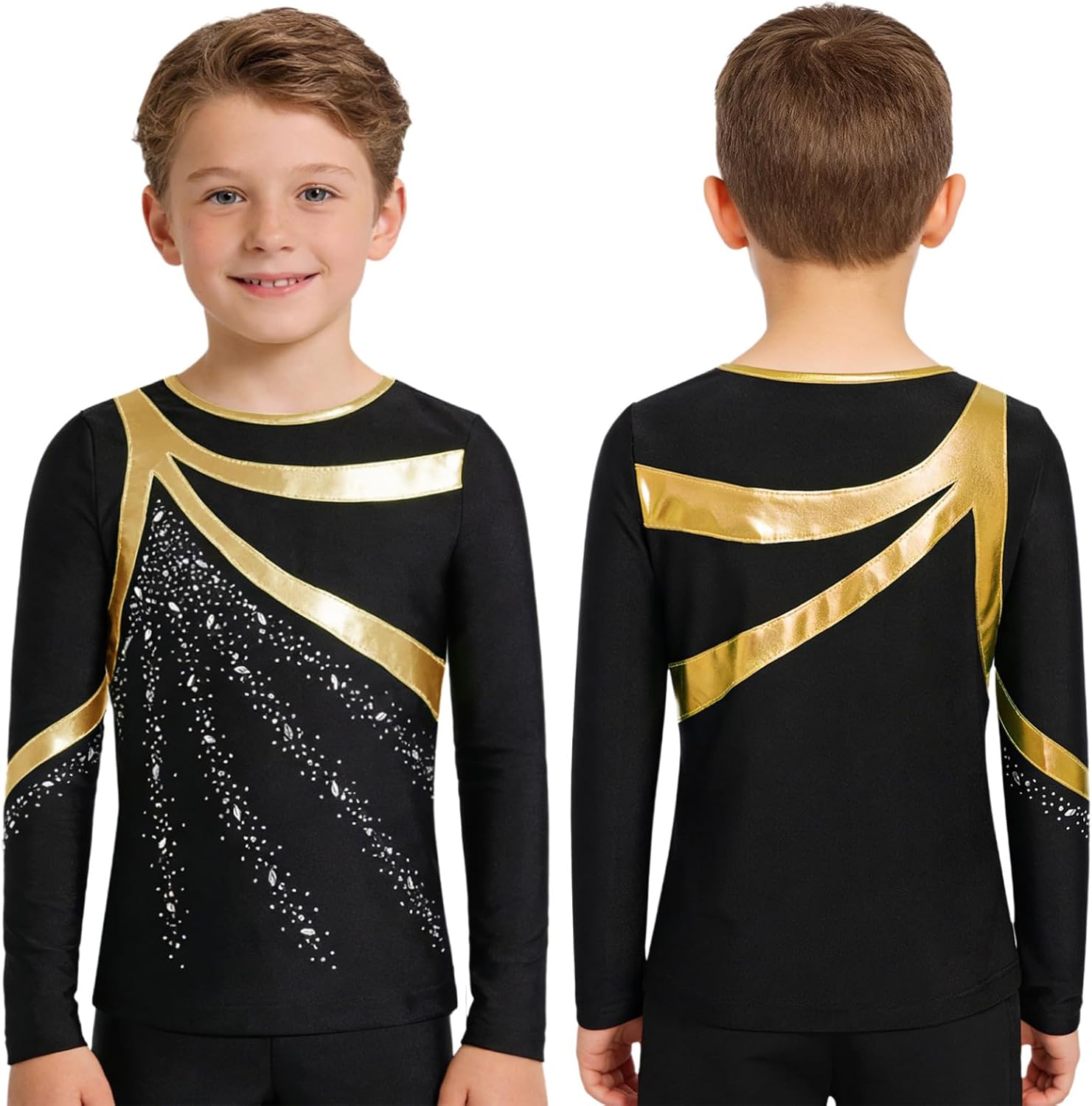 FEESHOW Kids Boys Long Sleeve Figure Skating T-Shirts Sparkle Athletic Tops Jazz Latin Dance Shirt for Performance