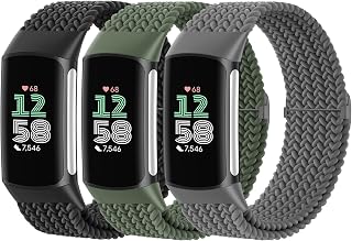Braided Solo Loop Bands Compatible with Fitbit Charge 6/Charge 5, 3 Pack Adjustable Stretchy Wristbands Soft Woven Nylon Replacement for Fitbit Charge 5/Charge 6 Tracker Smart Watch for Women Men