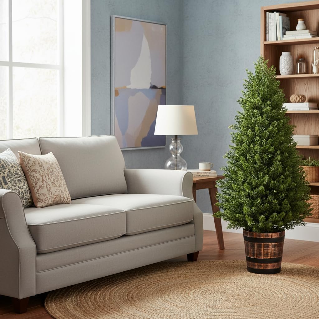 Set of 2 Artificial Cedar Topiary Trees - 4FT Faux Pine Shrubs with Barrel Planter, Fake Cypress Evergreen Plants for Home Office Front Door Porch Decor