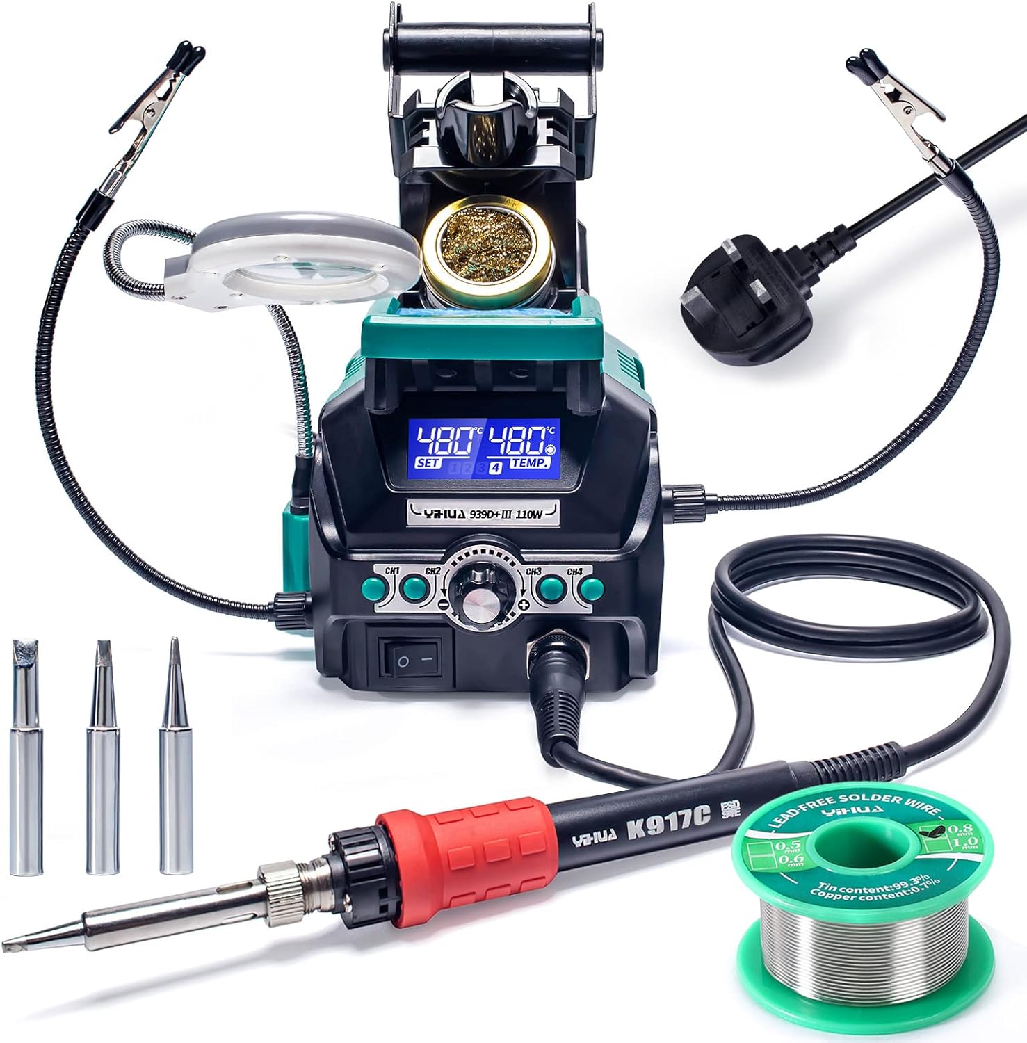 YIHUA 939D+ III EVO Digital Soldering Iron Station Kit with 4 Preset Channels, Dual-LCD Display System, Sleep Mode, 2 Helping Hands, a LED Magnifier Lens, and More for Soldering & Desoldering(UK Plug)