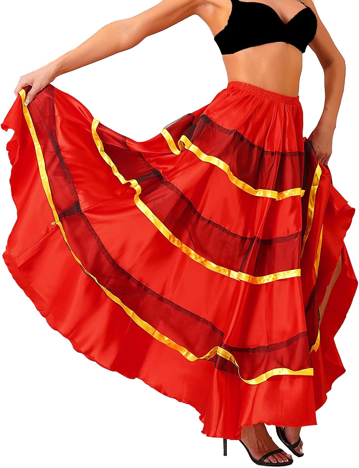 Womens Ballroom Twirling Ruffle Full Spanish Bull Long Skirt for Flamenco Belly Dance Performance Halloween Costume