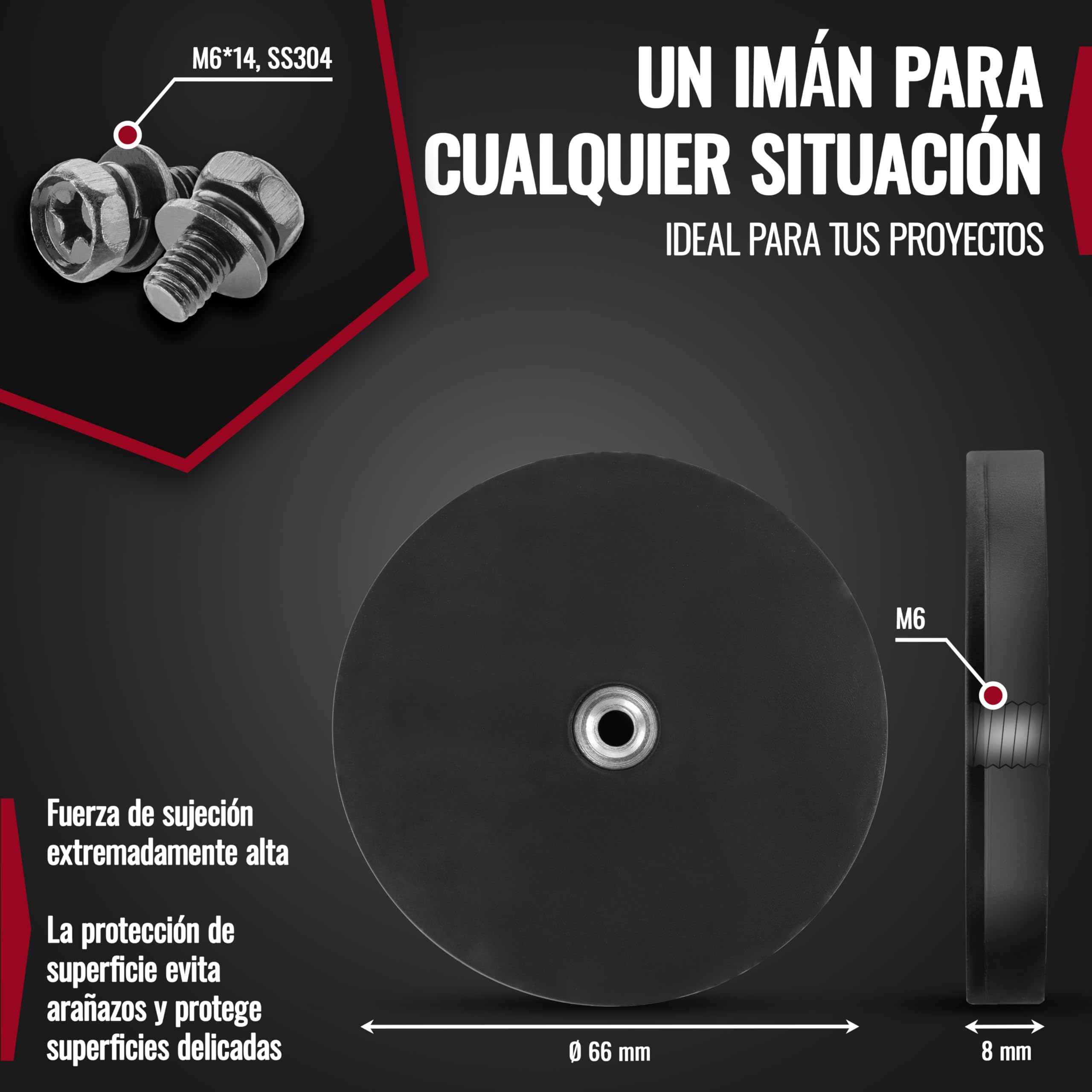 Poppstar 4x Imanes de goma con rosca, neodimio, diámetro 66 mm, con rosca interior M6, fuerza de sujeción 20 kg, con llave inglesa y 4 tornillos