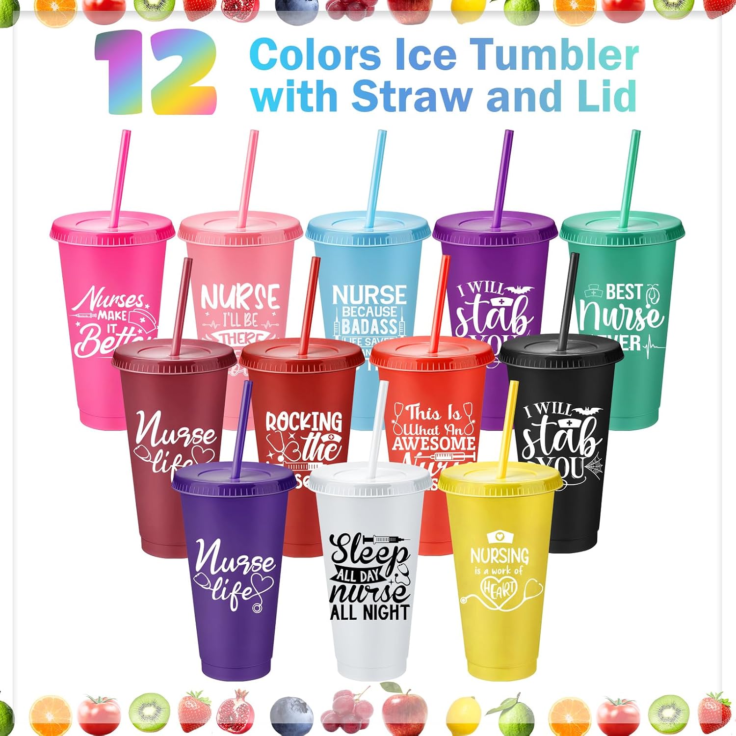 Bokon 30 Pcs Nurse Week Employee Appreciation Gifts with Straw and Lid Bulk Nurse Week Tumbler Graduation Gift for Women 24 oz Reusable Plastic Graduation Souvenir(Cute Style)