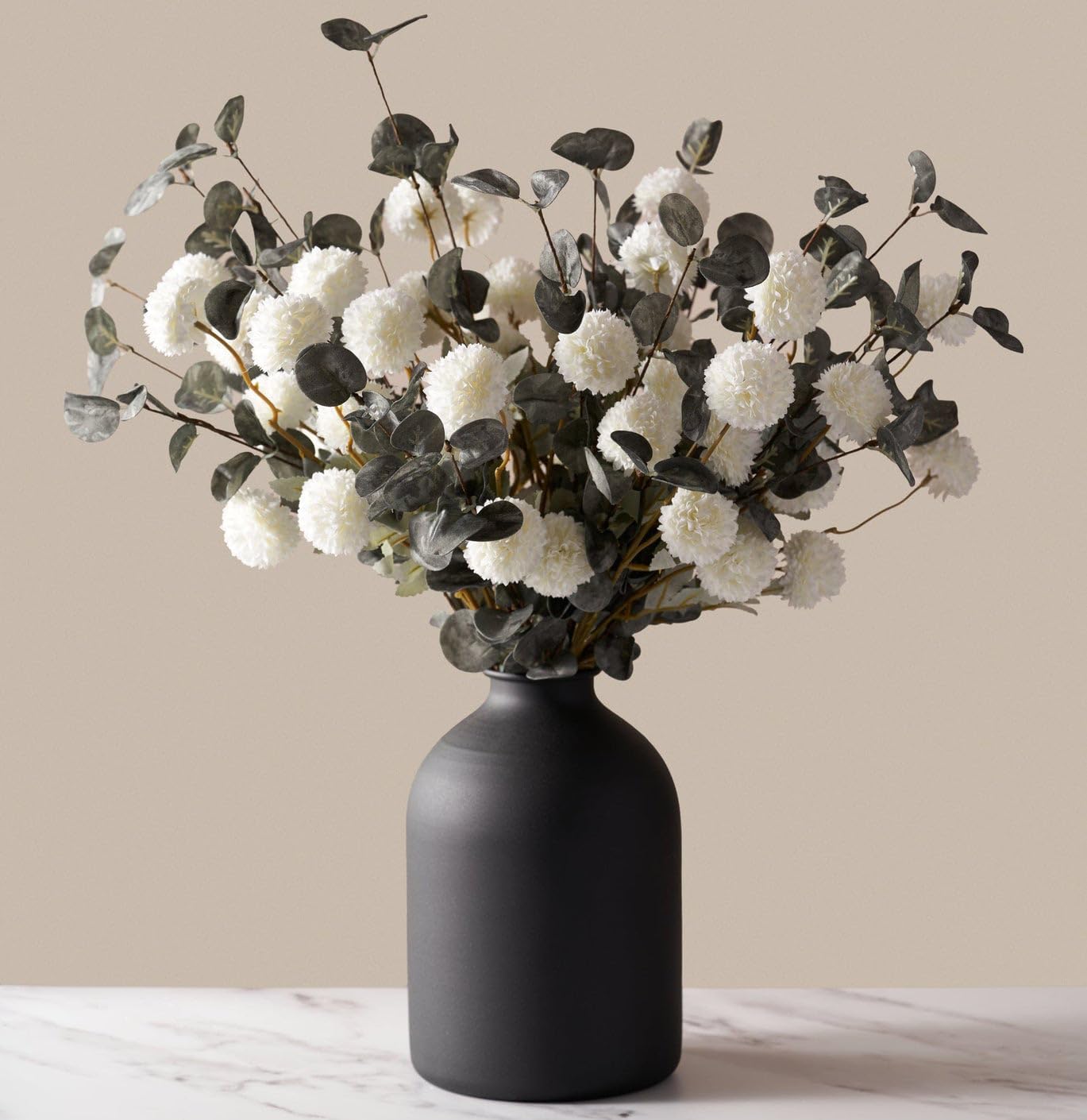 Laelfe 10 Kiku Artificial Flowers + 5 Large Eucalyptus Branches, Silk Fake White Flowers Pompon Mums (Ball Flower Stems) - Decor for Home, Centerpieces & Shower Arrangements(Vase not Included)