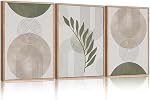 Ensemble d'art mural en toile encadré boho vert sauge HPNIUB, décor mural botanique minimaliste beige vert, peinture abstraite de ligne géométrique de feuille pour salon, chambre, salle à manger, bureau - 12"x16"x3