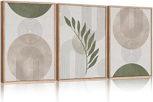HPNIUB Sage Green Boho Framed Canvas Wall Art Set, Minimalist Beige Green Botanical Wall Decor, Abstract Geometric Line Leaf Painting for Living Room,Bedroom,Dining Room, Office Decor -12"x16"x3