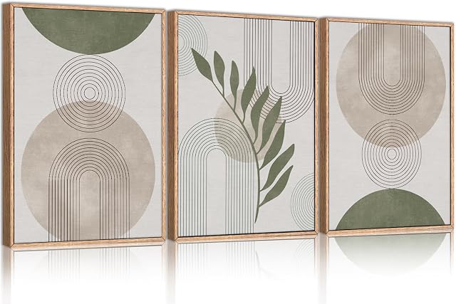 Ensemble d'art mural en toile encadré boho vert sauge HPNIUB, décor mural botanique minimaliste beige vert, peinture abstraite de ligne géométrique de feuille pour salon, chambre, salle à manger, bureau - 12"x16"x3