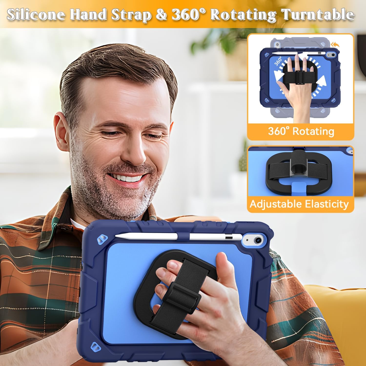 Grifobes for iPad A16 11th/10th Generation Case 2025/2022, for 11 Inch/10.9 Inch iPad Case Cover with Screen Protector, 360°Rotate Stand, Hand & Shoulder Strap, Pencil Holder, Navy Blue - Image 4