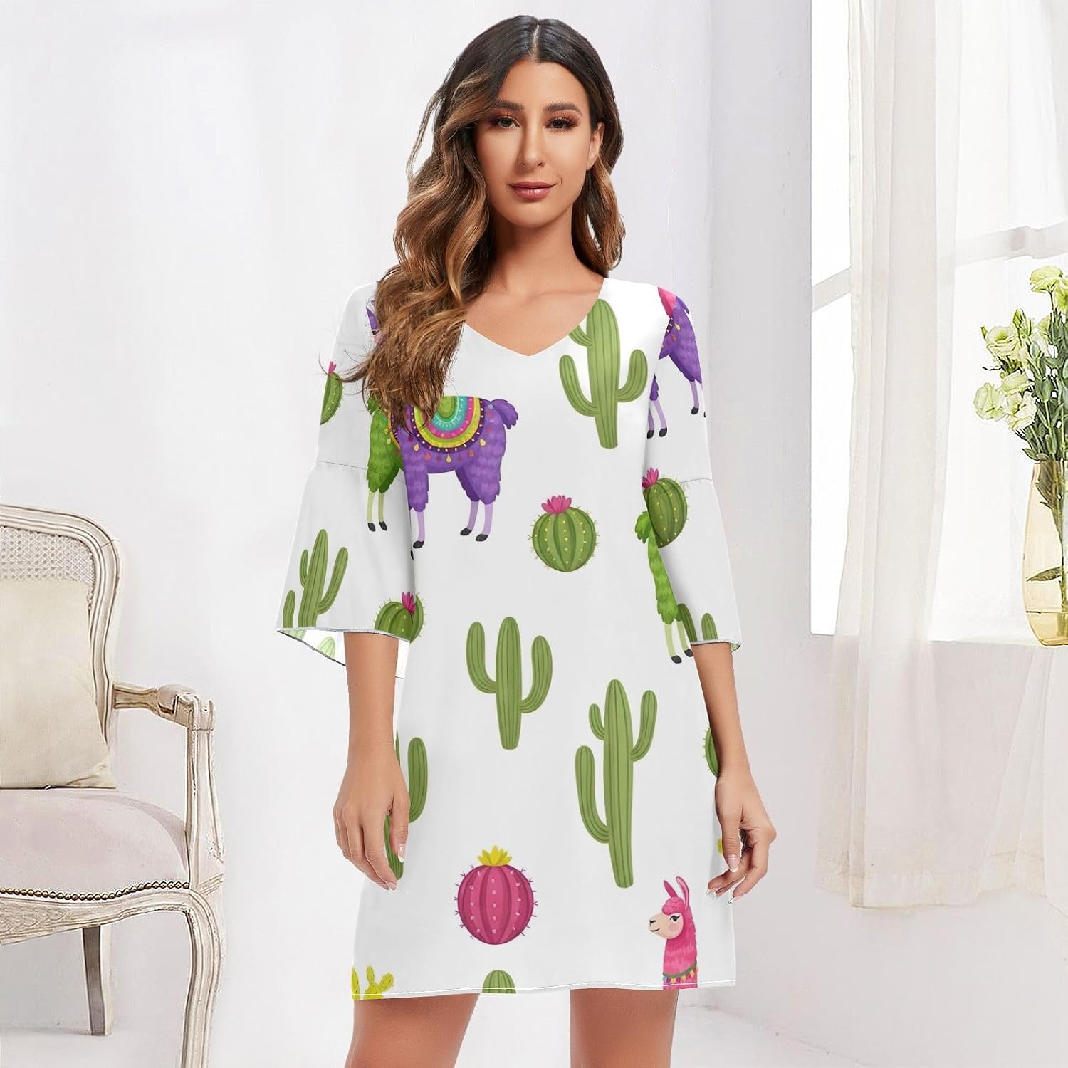 Colorful Llamas Cactus Cute Casual Dress Printed Line Maternity Dress