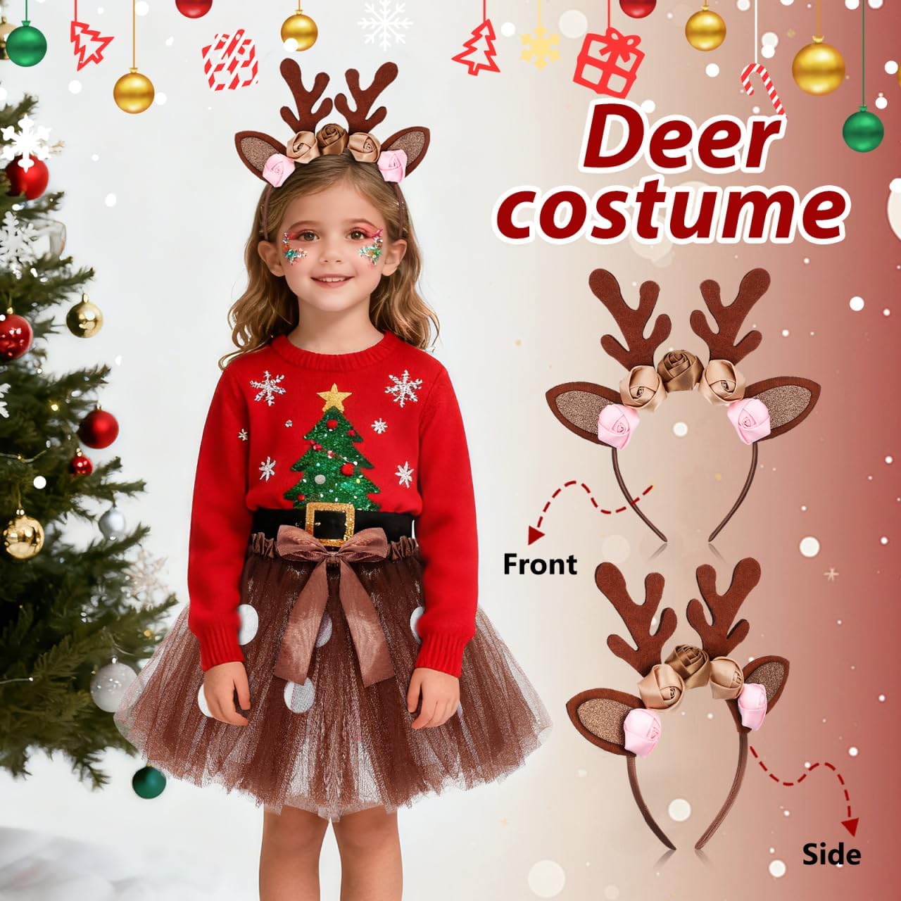 DOITOOL Reindeer Costume Kids, Reindeer Tutu Deer Headband, Christmas Costume Girls Antlers Headband for Christmas Fancy Dress Up Animal Cosplay Outfit
