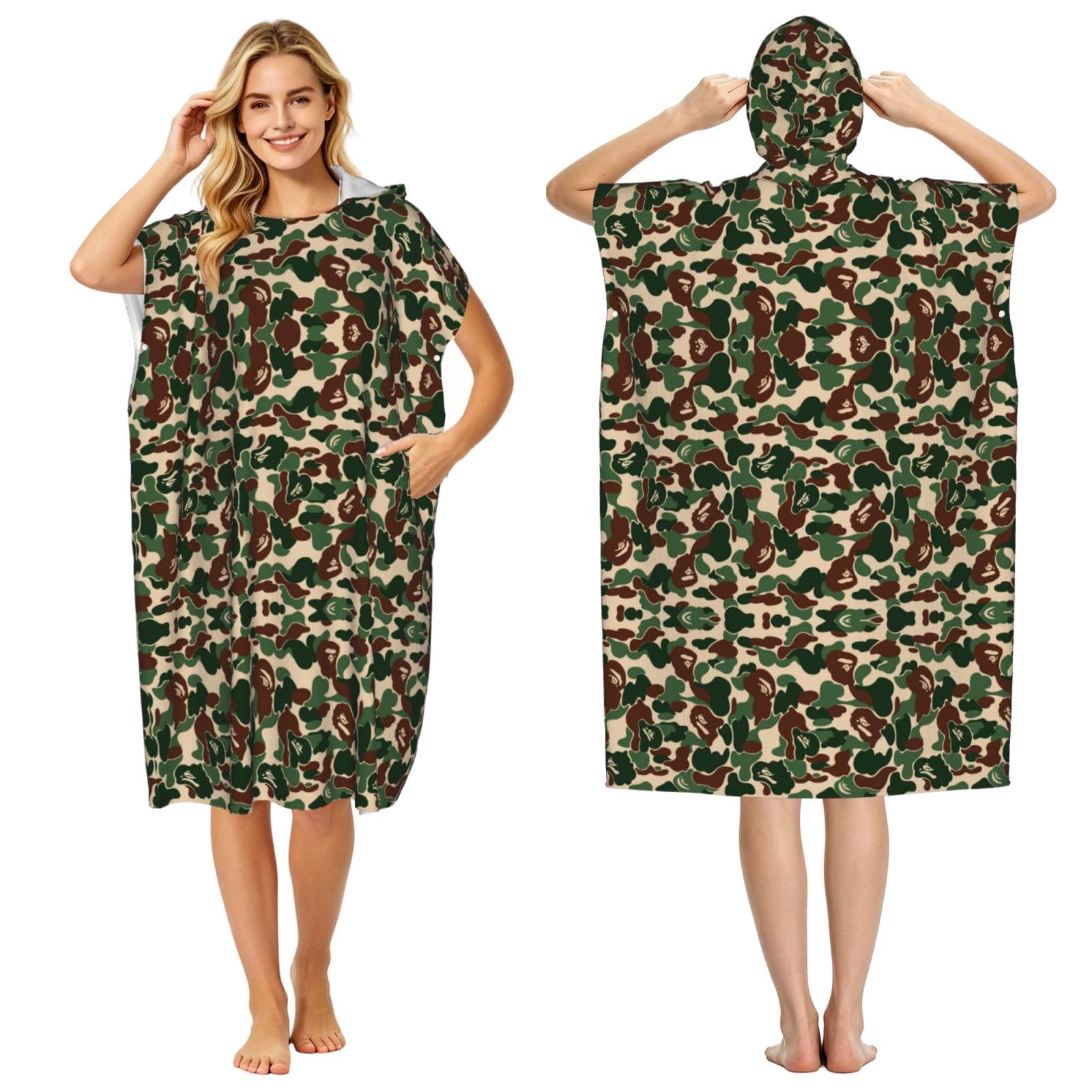 EZDLOWVBA Aniaml Camouflage Green Print Hooded Poncho Microfiber Beach Towel,Adult Women & Men Changing Robe,Lightweight Summer Surf Swim Bath Poncho Towel