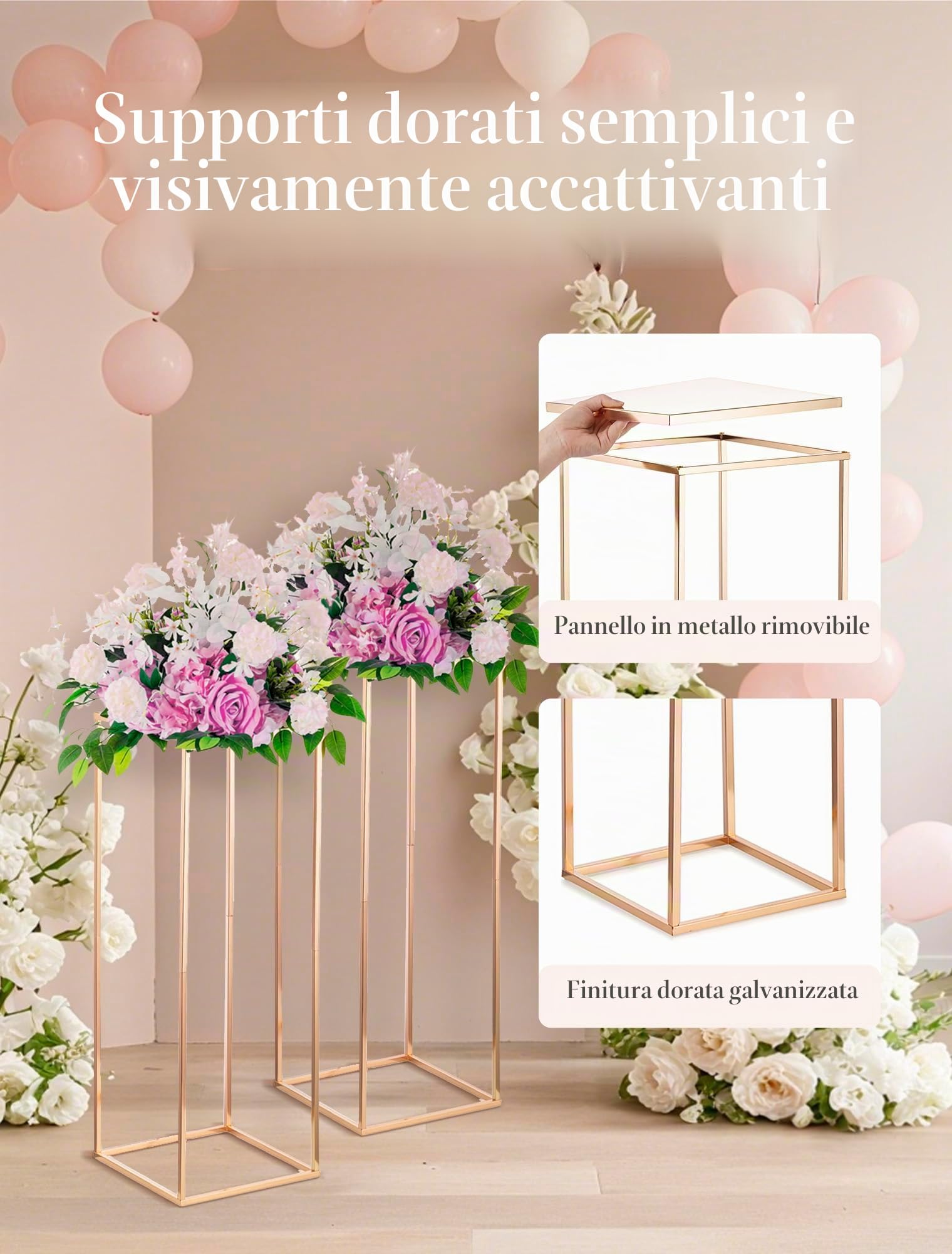 Portafiori in Metallo Oro, 80 cm, con Pannello Metallico, 2 Pcs | Colonna Geometrica in Metallo, Vaso Alto per Matrimoni, Centrotavola, Anniversari, Feste & Decorazioni per il Soggiorno