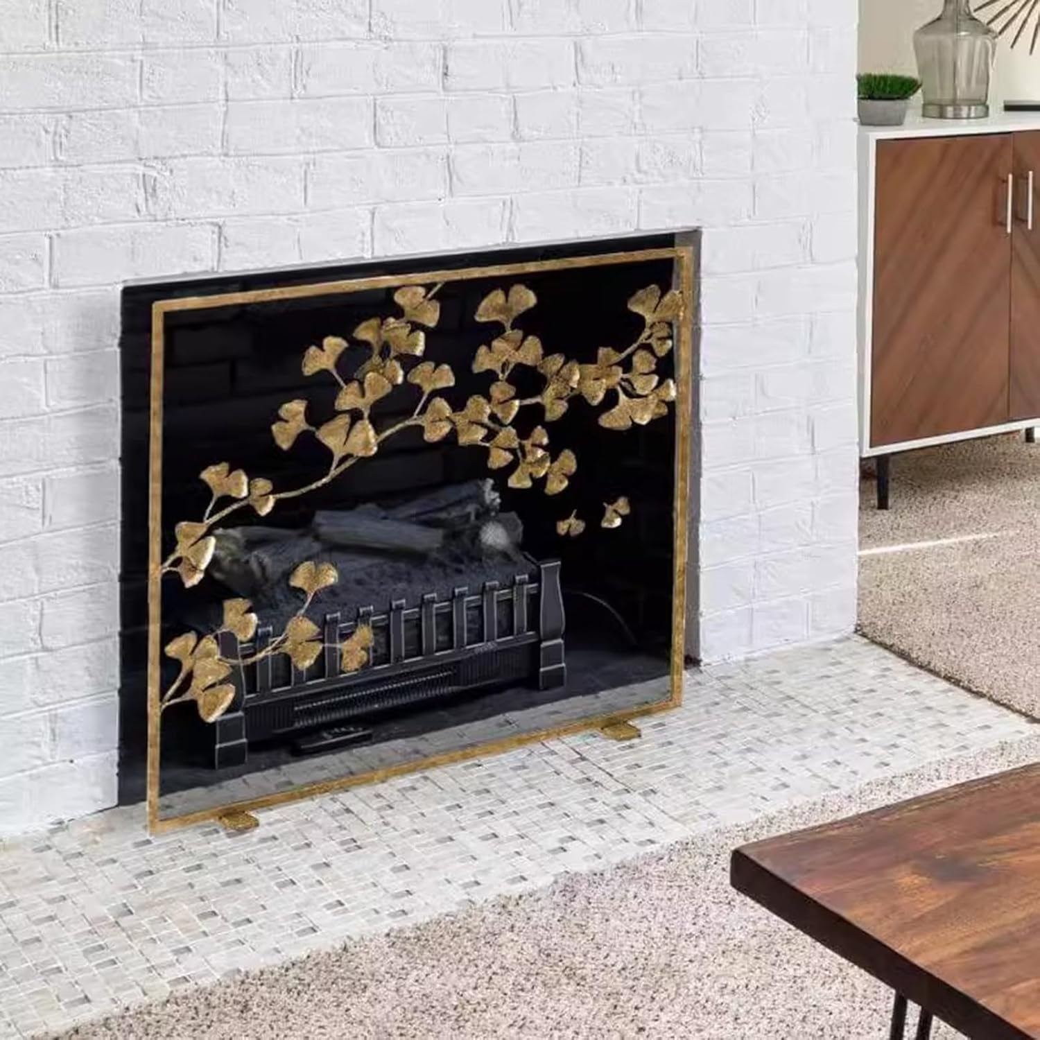 Vintage Brass Fireplace Screen with 3D Ginkgo Biloba Design, Elegant Fire Place Cover for Living Room Home Decor, Stylish Spark Guard Grate for Safety and Aesthetics