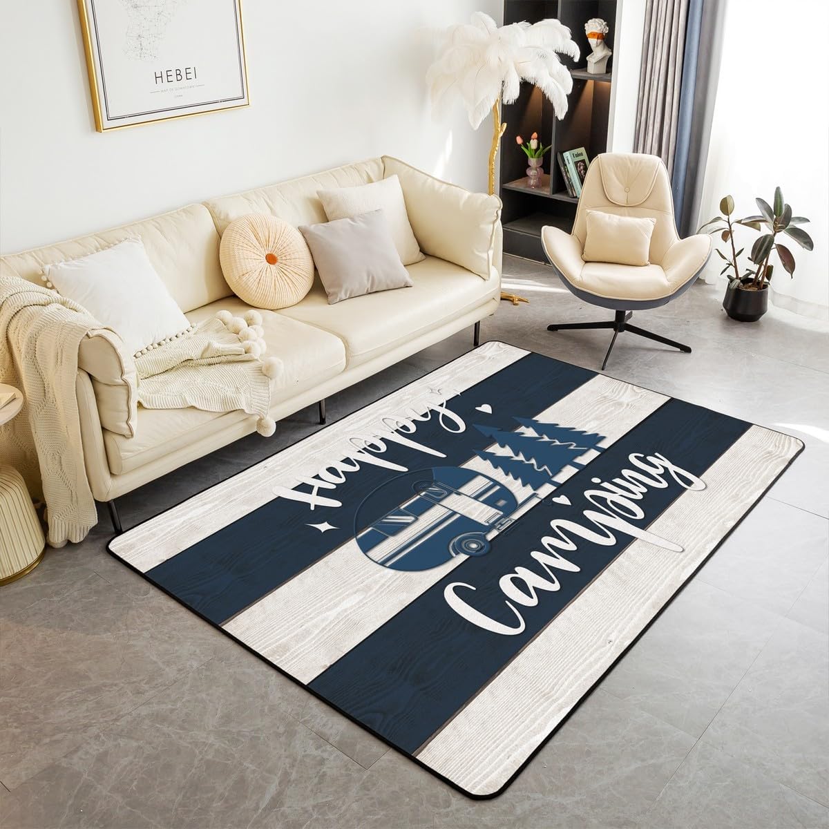 Castle Fairy Camping Rustic Area Rug 3'x5' Wild Trees Cartoon RV Decor Non Slip Rug for Kids Teens Adults Retro Green Brown Stripes Western Style Indoor Floor Mat for Bedroom Office