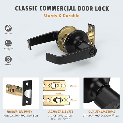 Miniatura 4 de KNOBWELL Paquete de 4 manijas de puerta comerciales negras, juego de manijas de puerta de dormitorio, manija de puerta con cerradura, reversibles