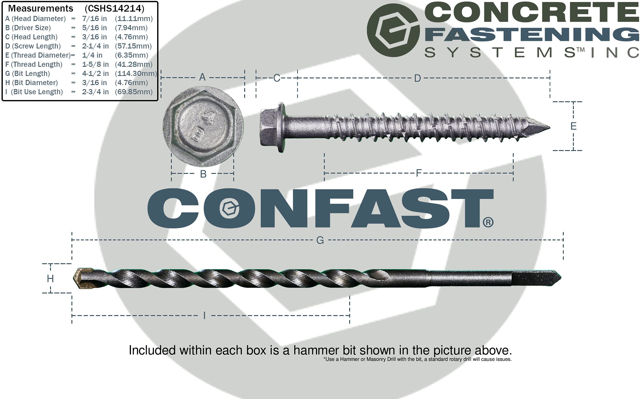 CONFAST 1/4" X 21/4" Concrete Screws 410 Stainless