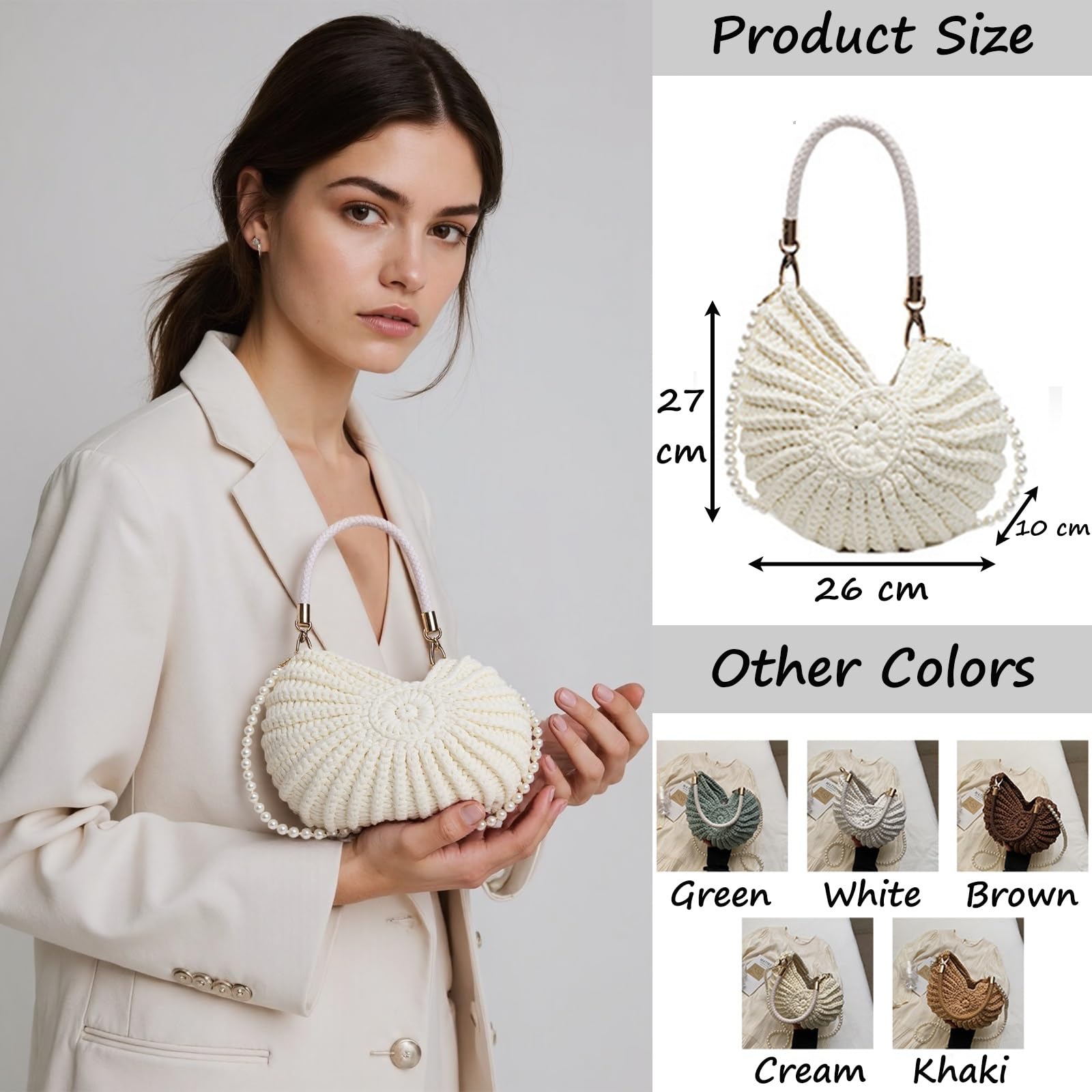 Bolso Bandolera de Crochet Artesanal en Forma de Concha con Correa de Perlas, Asa de Cuero y Herrajes Dorados, Clutch Boho Diseño Concha, Tote de Playa para Vacaciones de Verano