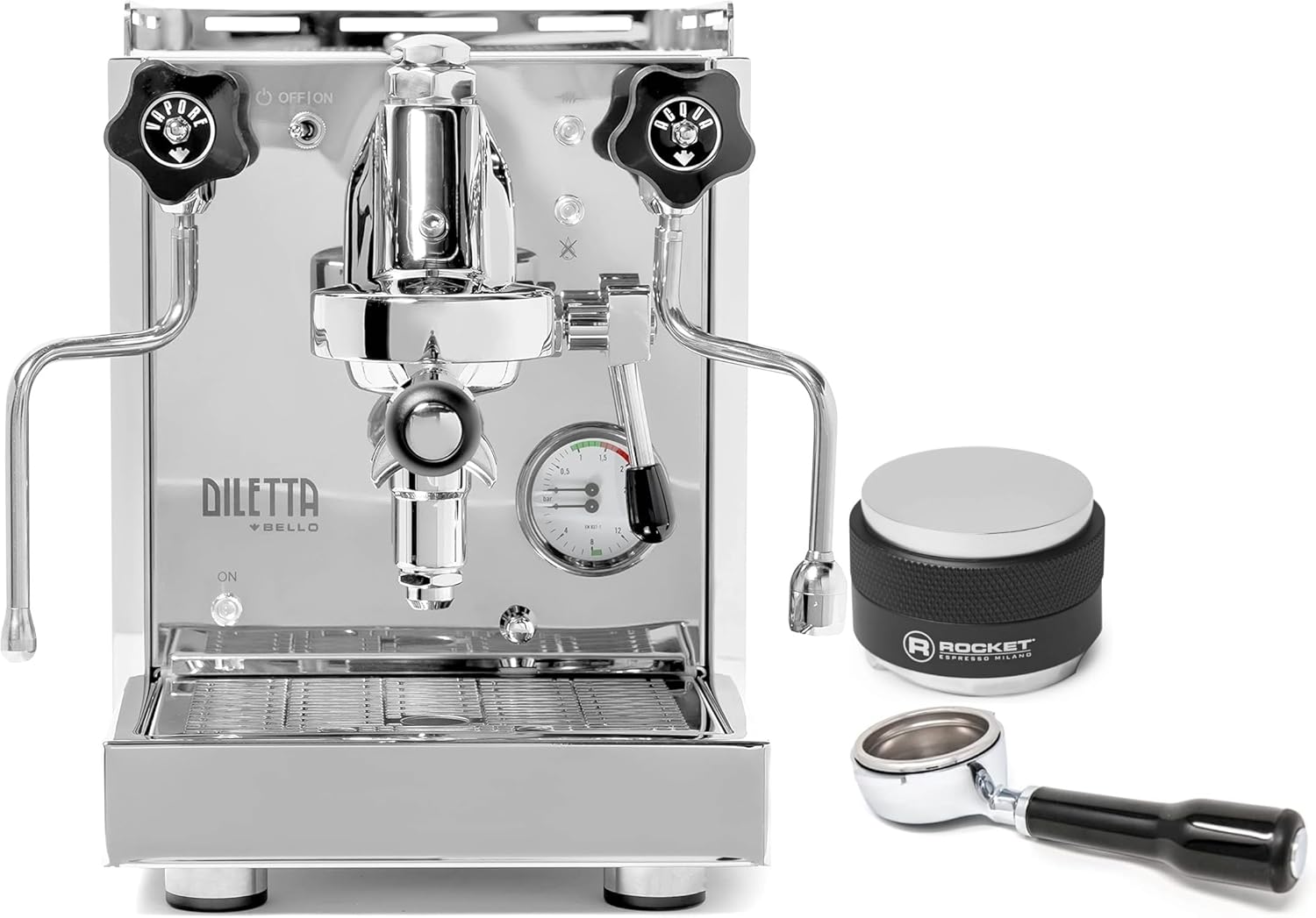 Diletta Bello Espresso Machine (Stainless Steel) Bundle w/Rocket Espresso Accessories (58mm Bottomless Portafilter, Distribution Tool)