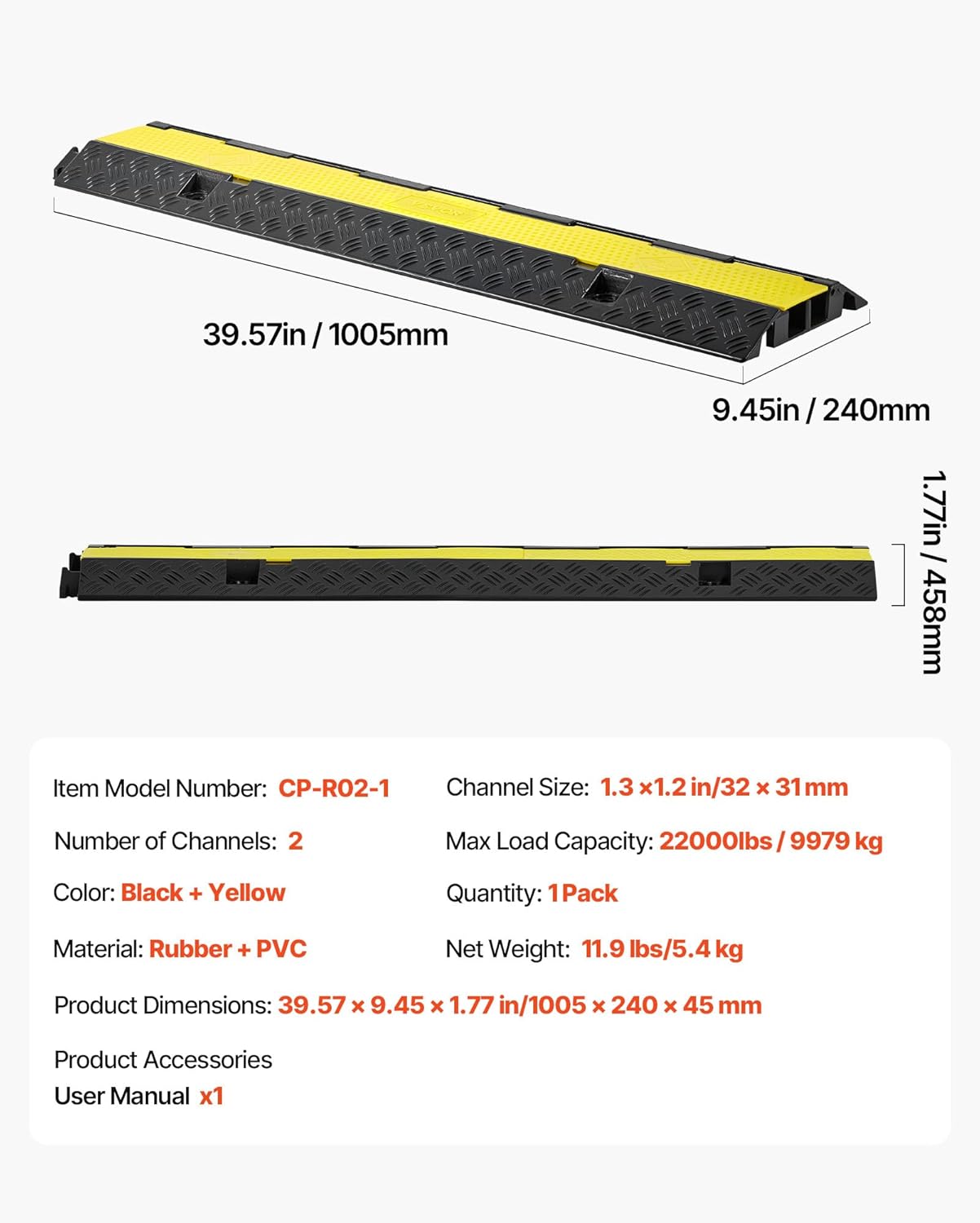 VEVOR Cable Protector Ramp, 22,000 lbs/axle Capacity, 2 Channel Heavy Duty Rubber Cord Hose Wire Cover, 1.3 x 1.2 in Channel, Traffic Speed Bump with Flip-Open Top Cover, for Indoor Outdoor, 1 Pack