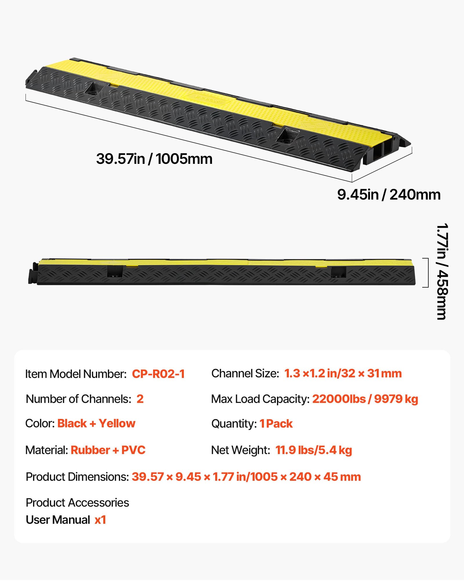 VEVOR Protector de Cables para Suelo de 2 Canales de 32 x 31 mm, Rampa de Protección de Cable Carga de Capacidad de 9979 kg, Rampa de Caucho para Interiores, Exteriores, Hogar, Oficina, Almacén