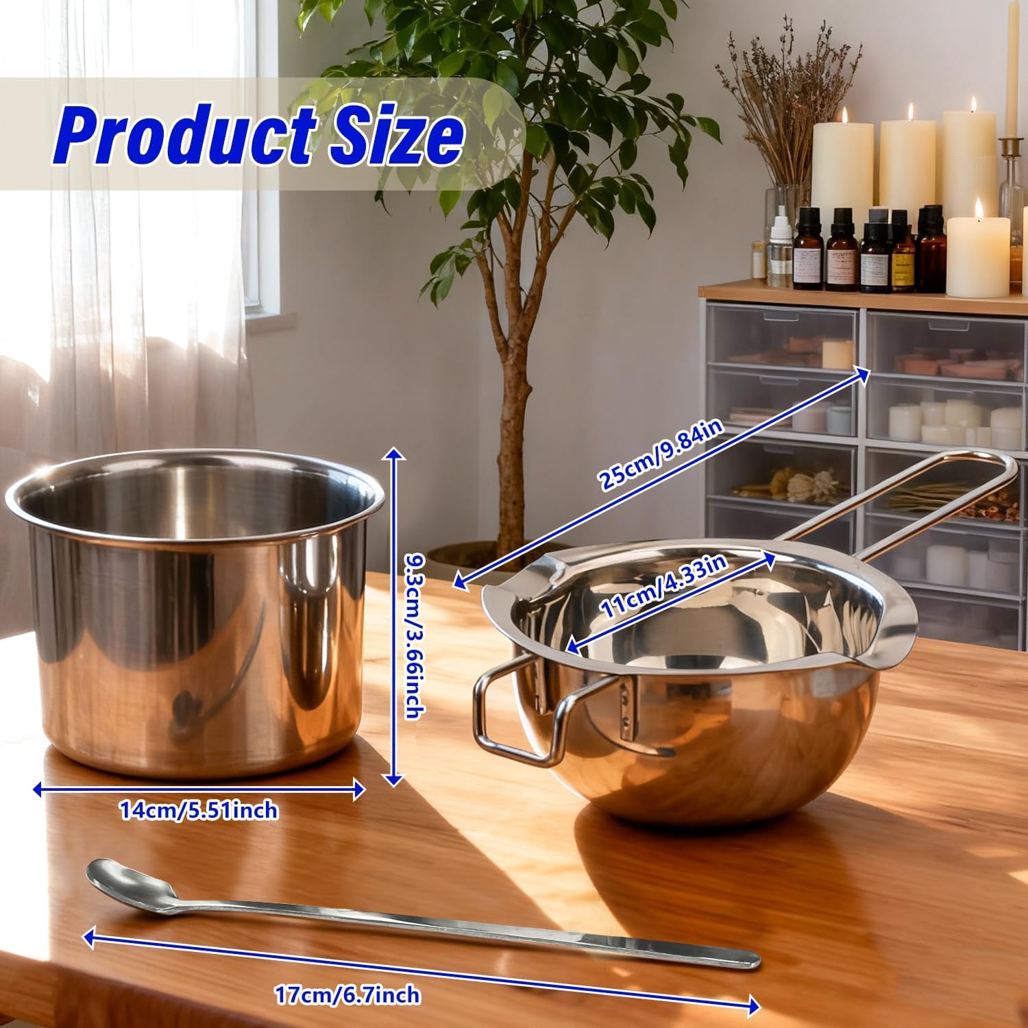 Set di 3 pentole per sciogliere la cera, in acciaio inox con cucchiai, vaschetta per bagnomaria e vasetto per versare candele, fondere, conservare e confezionare cera d'api di soia, conservare e