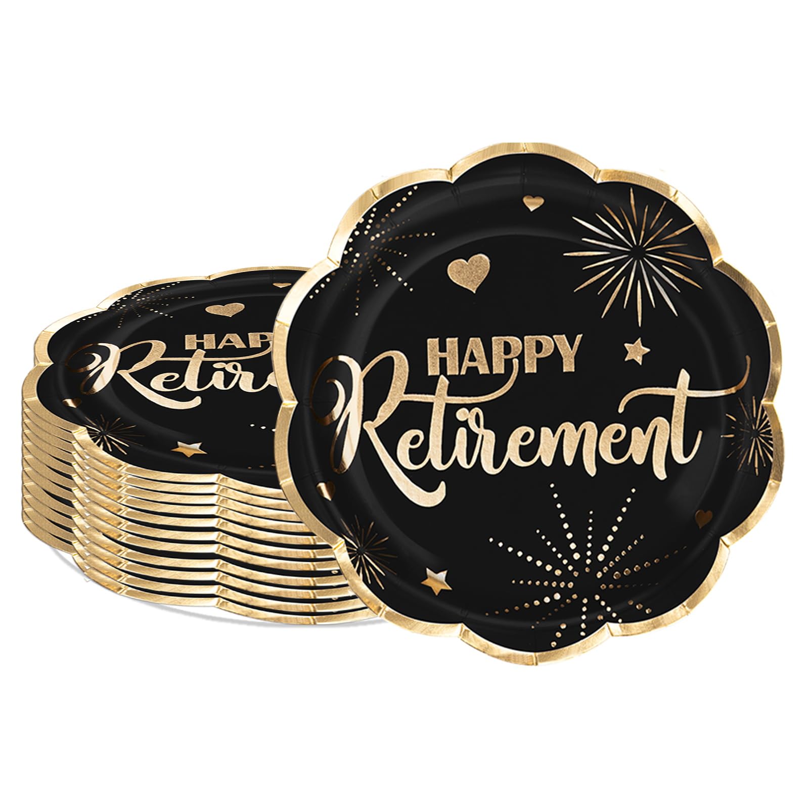 LeZakaa 25Pcs Retire Paper Plates - Happy Retirement Lettering in Black Design Gold Foil Retro Disposable Party Plates Decorative Tableware Supplies