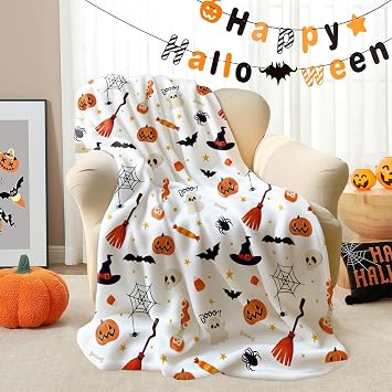 Halloween Blanket Pumpkin Bat Spider Throw Blanket, Soft Warm Plush Blanket for Couch Sofa, and Orange Home Decorations 50 x 60