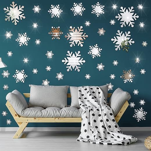 Zonon 82 Pieces Winter Snowflakes Stickers Christmas Acrylic 3D Mirror Wall Decal Removable Silver Decor for Home Living Room Bedroom DIY Supplies