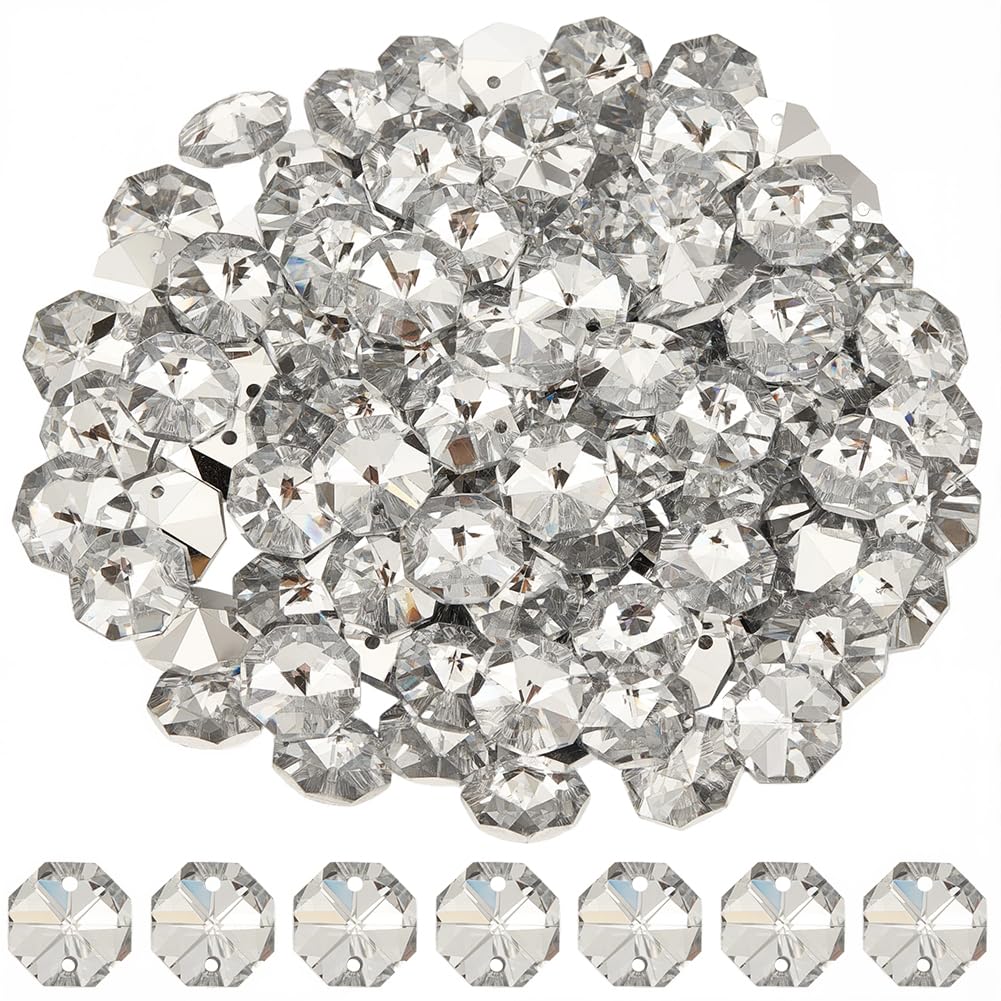 SOFPLATE 1 Box 120Pcs 14mm 2 hole Octagon Beads Silver Crystal Glass Octagon Beads Chandelier Replacement Connector Suncatcher Faceted Spacer Prisms for DIY Lamps Hanging Ornament Pendant Jewellery — image 1