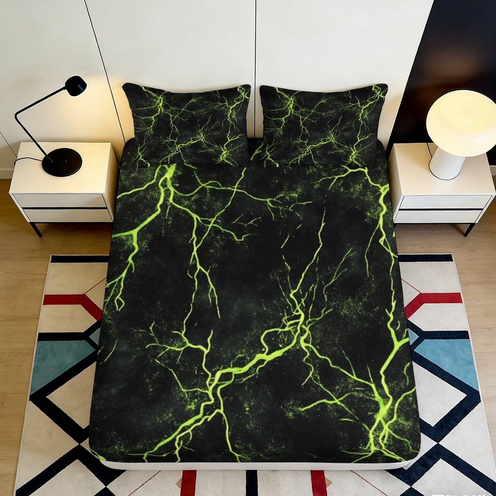 3D Printed Neon Lightning Fitted Sheet Microfiber Soft Black Thunder Mattress Cover for Bedroom Dorm Modern Decor 90x200x25cm