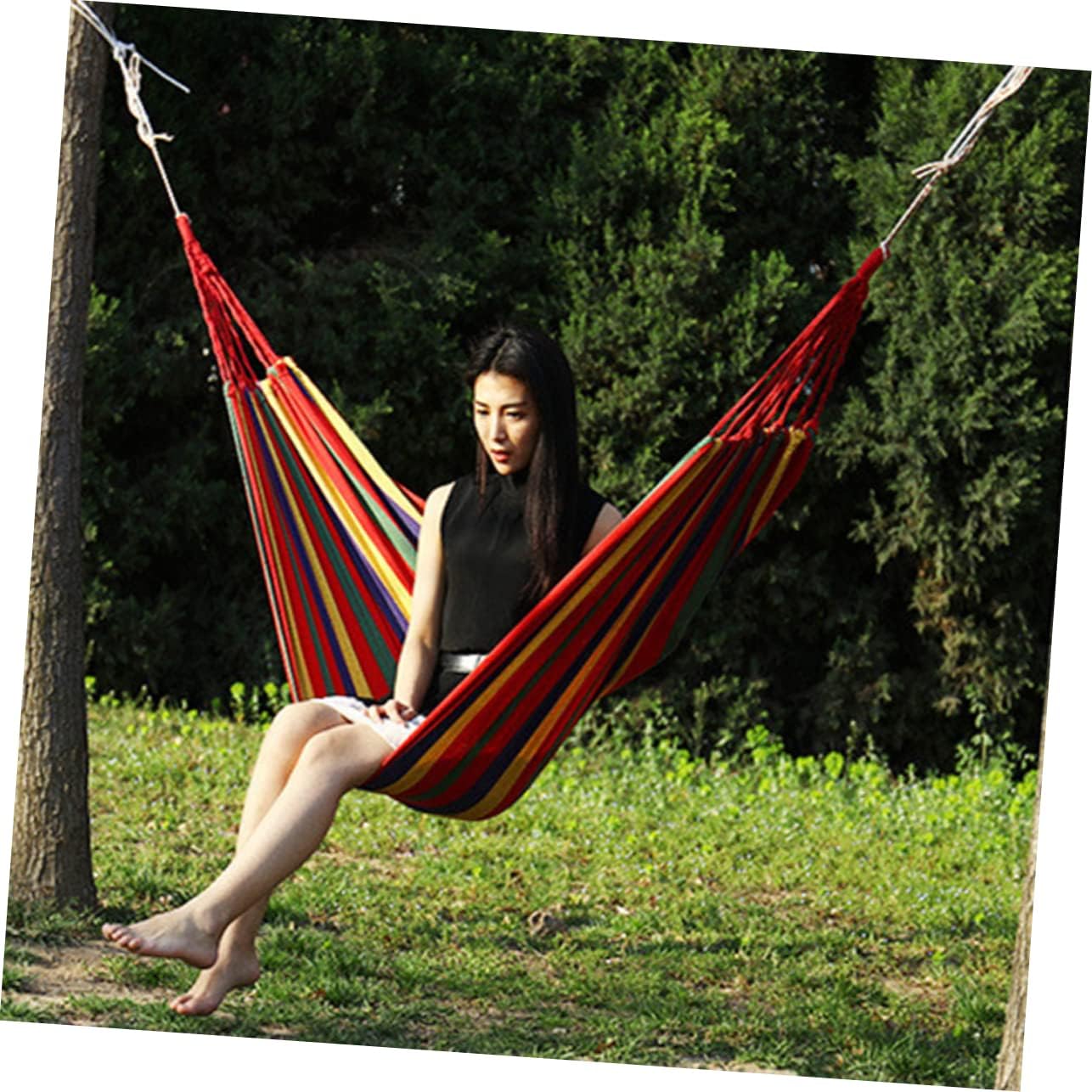 Kisangel Canvas Single Hammock Stripes Outdoor Portable Easy to Carry for Camping Garden