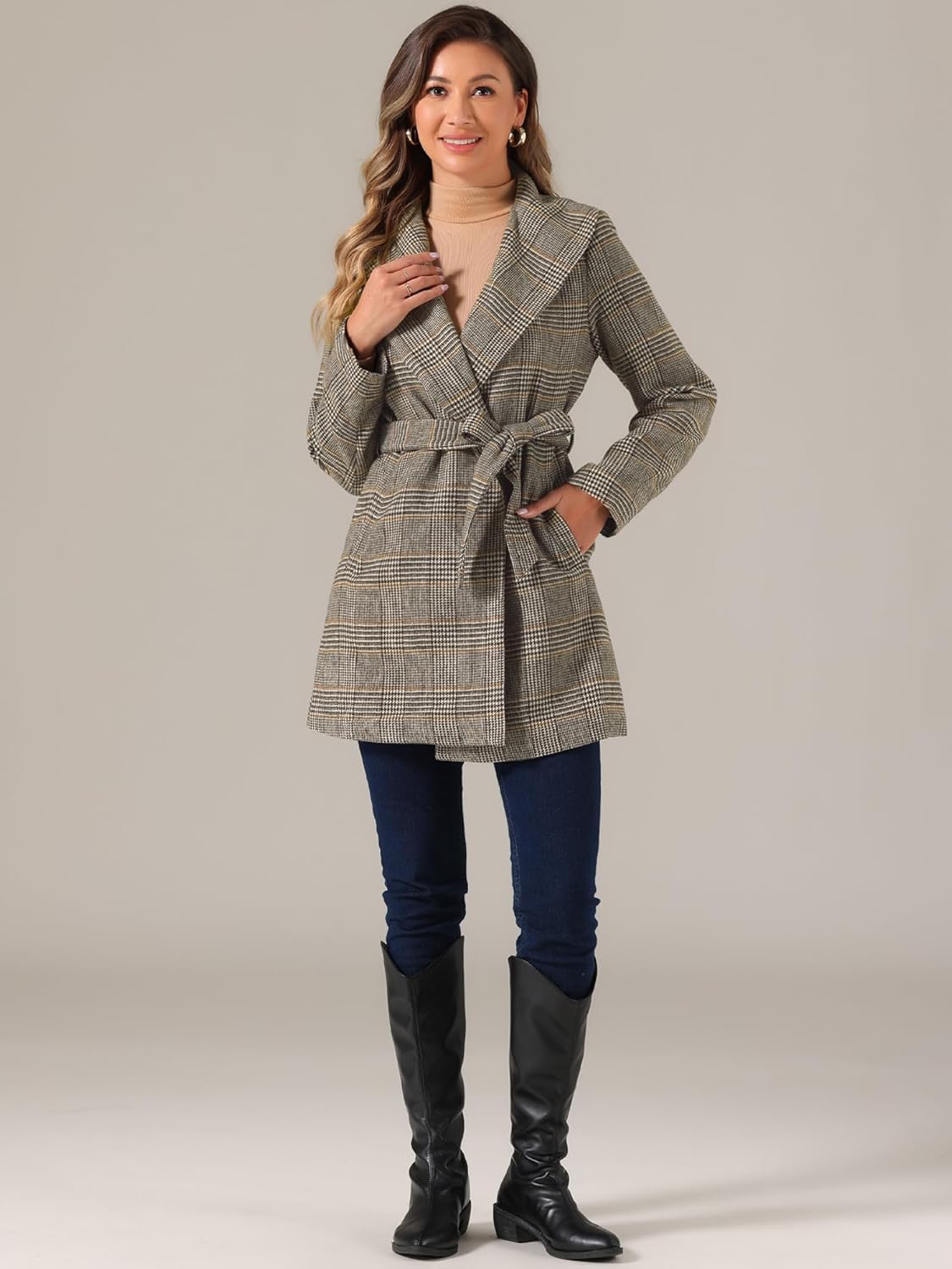 Allegra K Women's Plaid Belted Shawl Collar Tie Waist Wrap Overcoat Fall Winter Coat - Image 2