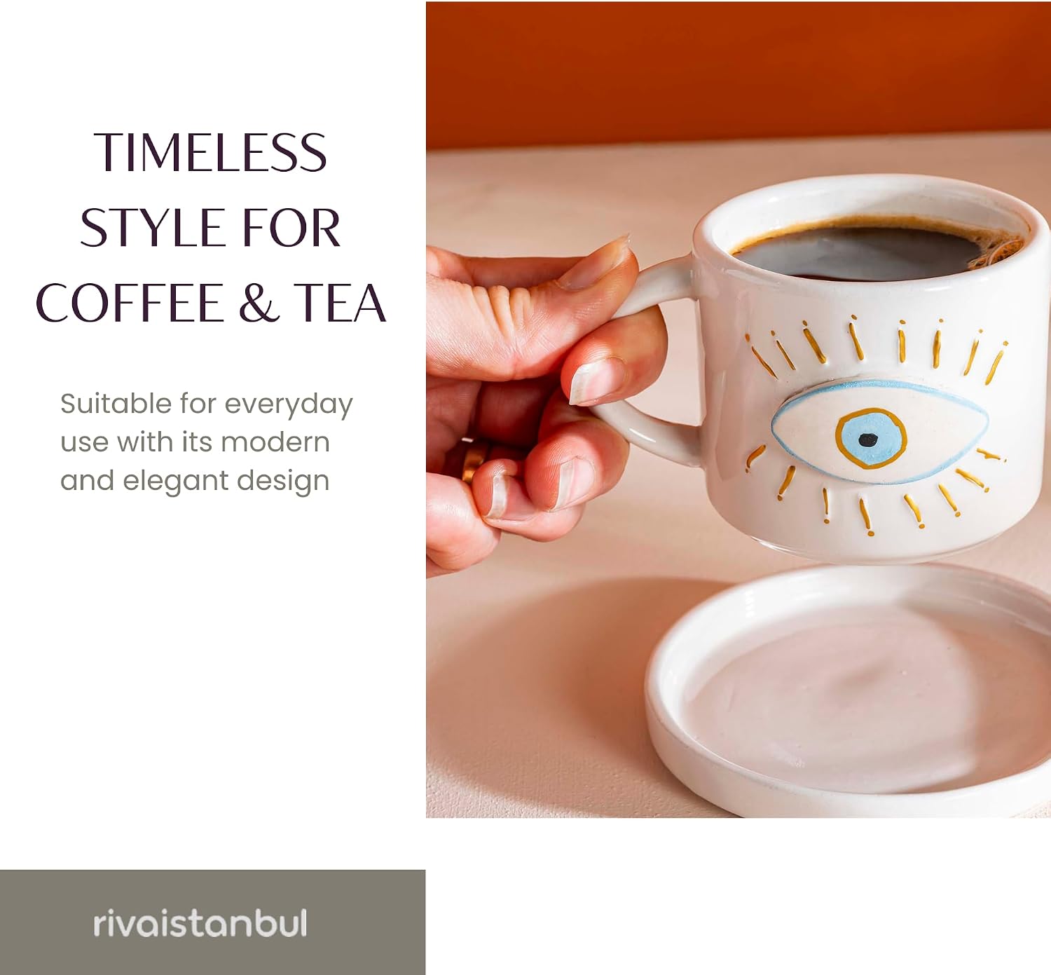 Handmade Double Coffee Mug with Heart Design | Ceramic Coffee & Tea Cup for Latte, Espresso & Cappuccino | Cute Gift Mug for Women, Men, Couples & Everyday Home Use (Eye Pattern)