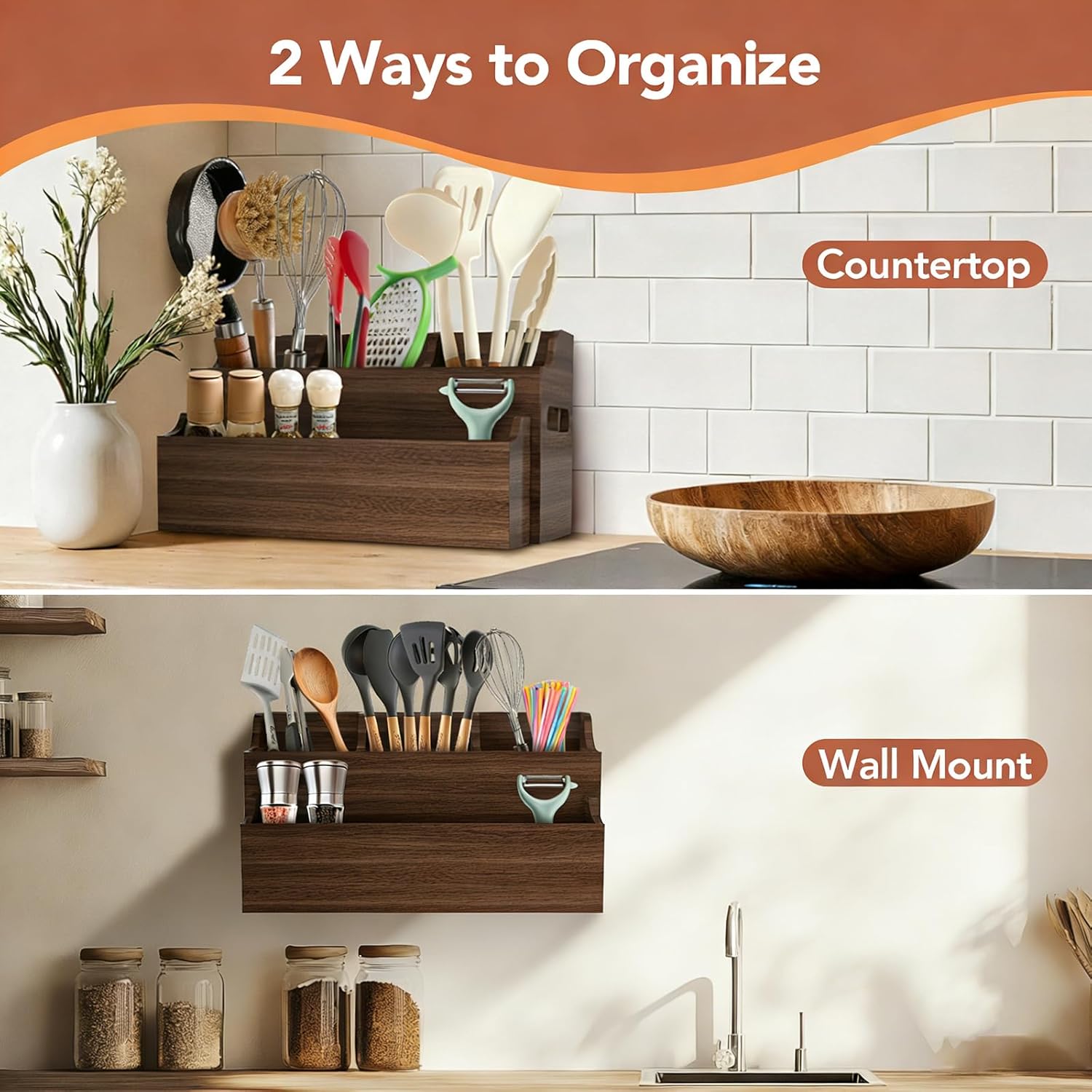 Kitchen Utensil Holder for Countertop, Large Wood Organizer for Utensil Crock with Spoon Rest, Farmhouse Cooking Utensil Holder with 7 Compartments, Wall Mount Rustic Wooden Storage for Cooking Tools