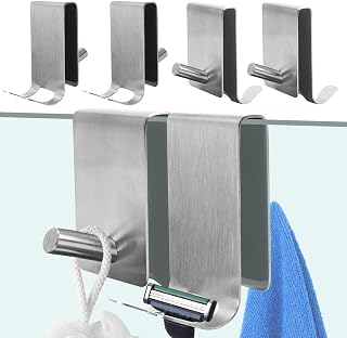 Paidiem Shower Door Hooks, 4 PCS Triple Hooks Design Towel Hooks, Stainless Steel Towel Hooks Over Door Hook, Heavy Duty Double Hooks for Bathroom Glass Door Shower Door, Silver
