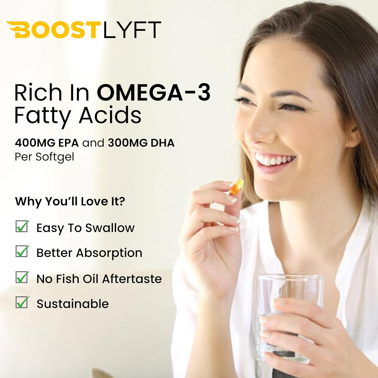 Boost Lyft Omega 3 Fish Oil Supplements - High 400mg EPA and 300mg DHA - Essential Support for Healthy Heart, Brain Function, Skin and Eye Health - 60 Softgels
