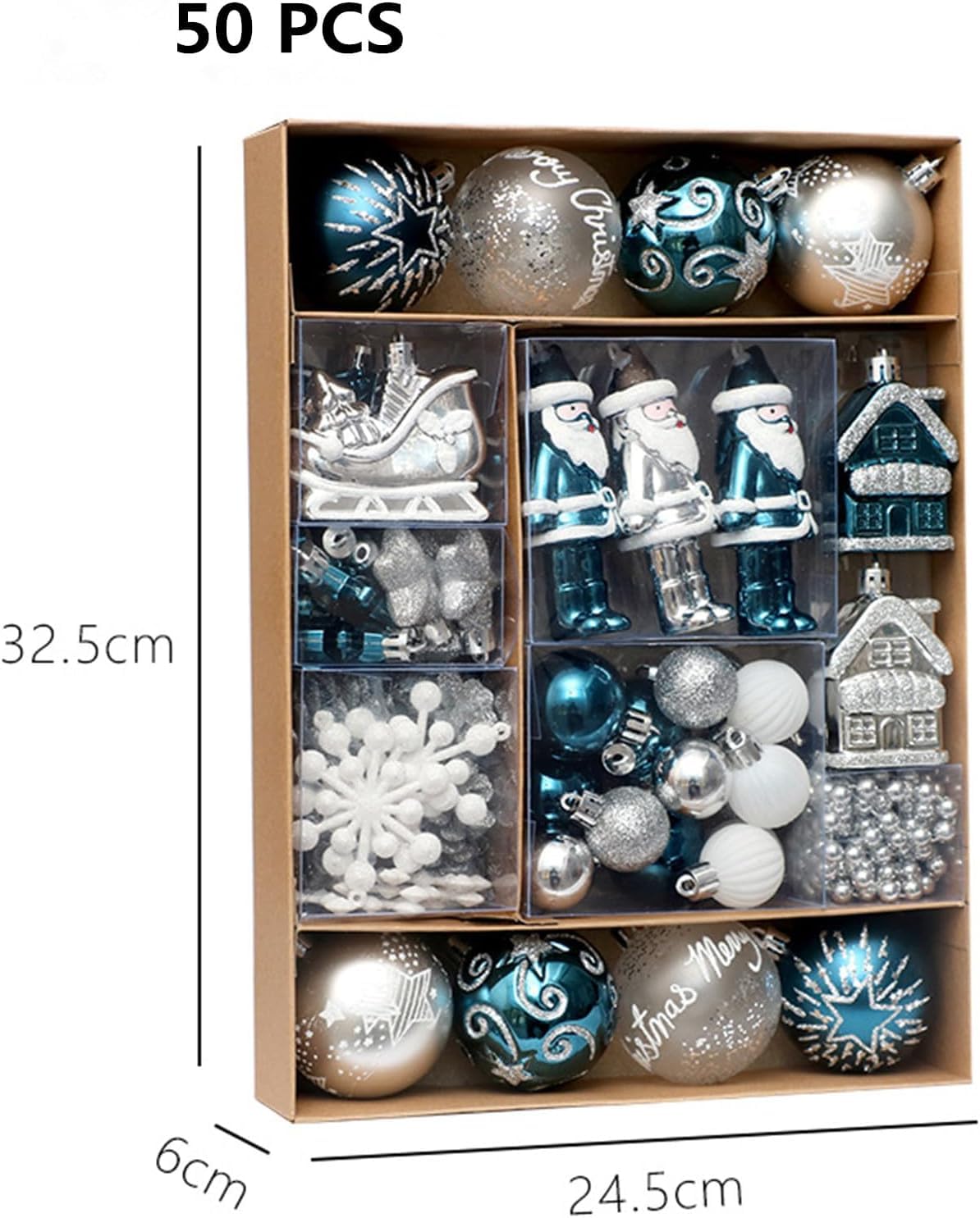 Weihnachtskugel Ornamente Set von 50, Bruchsicher Kunststoff (Blau Weiß Silber)