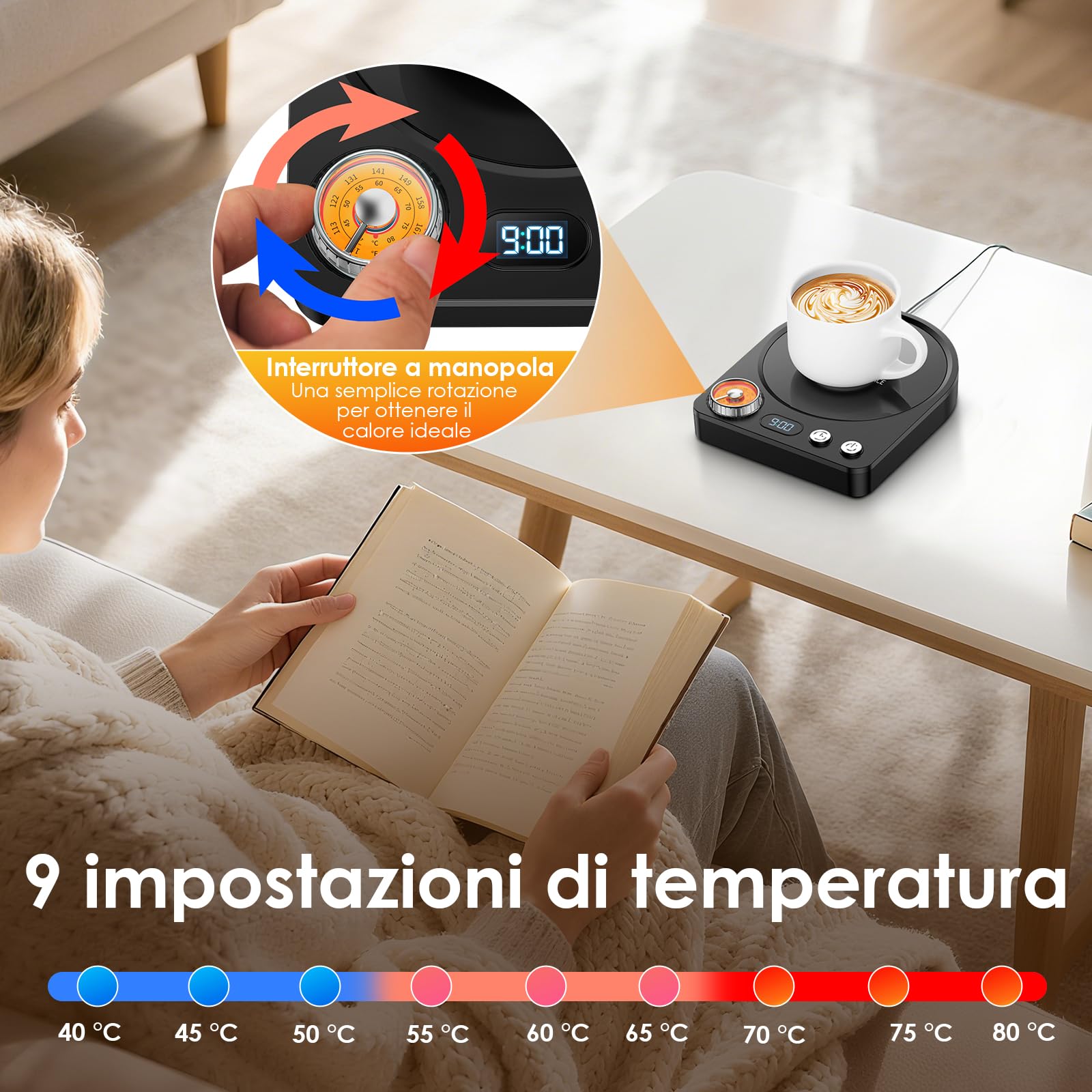Scaldacaffè aggiornato Scalda Bevande Scalda Latte, Tè con con 9 impostazioni di temperatura-0.5-9H Spegnimento Automatico, Scalda Caffè per Ufficio, Casa