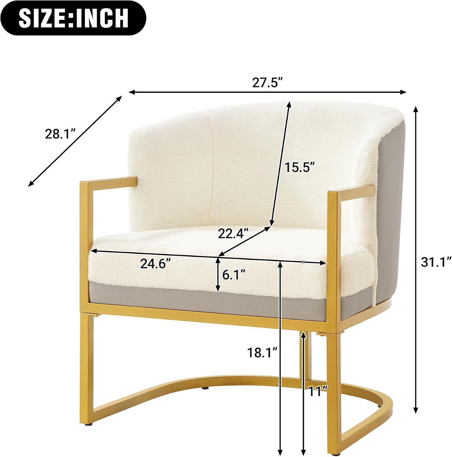 Christopher Knight Home Hailey Modern Accent Chair, Faux Rabbit Fur Upholstered Lounge Chair Indoor, Curved Backrest Armchair, Soft Cushion Seating for Living Room Reading Home, Beige + Gold