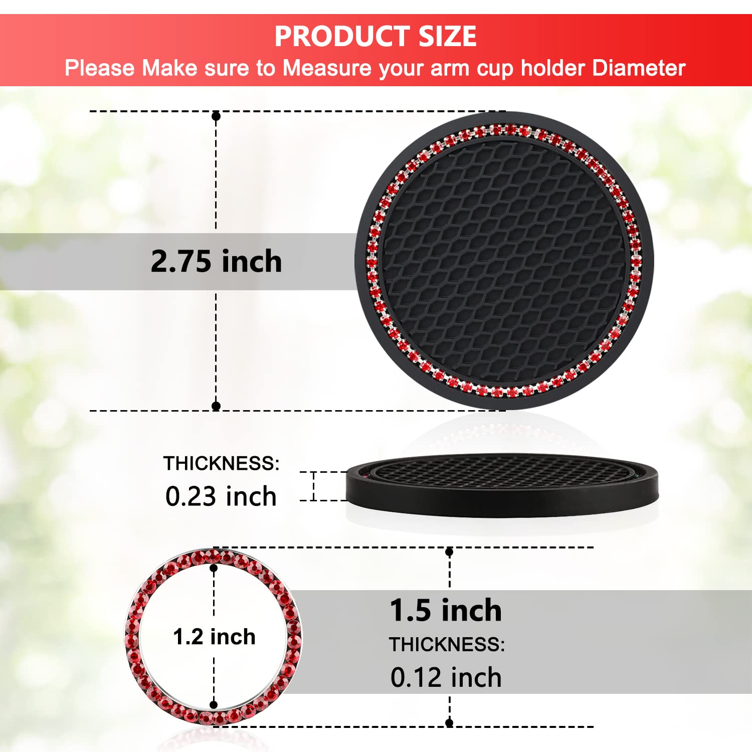 Ouzorp Car Cup Holder Coaster with Push Start Button Bling 4Pcs Bling Crystal Rhinestone Car Interior Accessories red — view 3