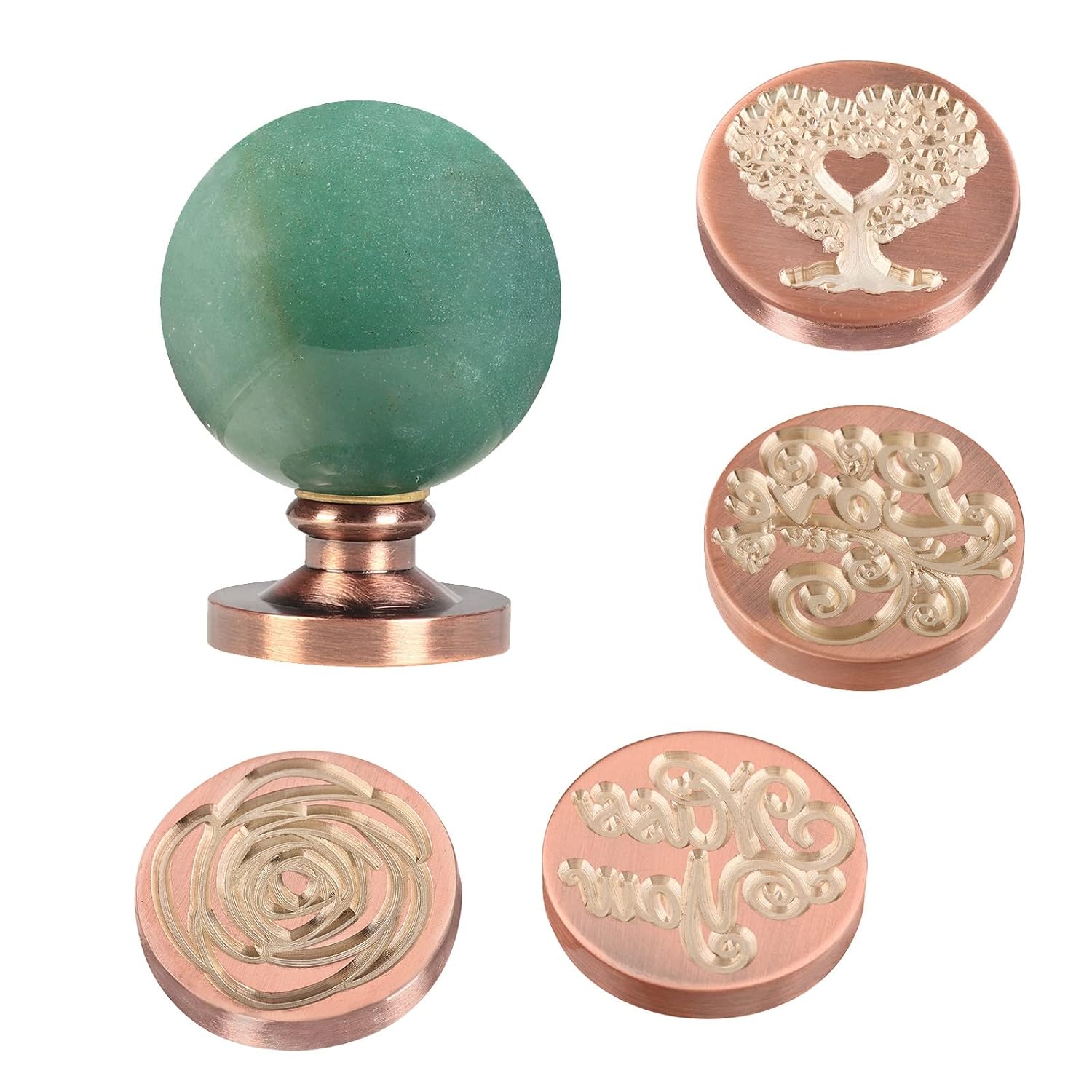 TUMBEELLUWA Crystal Wax Seal Stamp Set, 1 Sphere Stone Hilt and 4 Copper Seals for Envelope, Party Invitation, Greeting Card, Green Aventurine Handle + Tree of Life + Love + Miss You + Rose