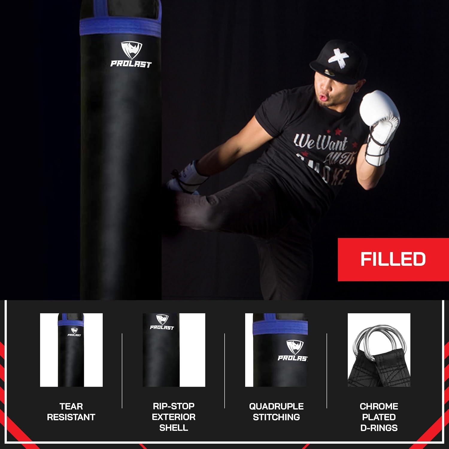 Heavy Punching Kicking Bag for Adults, Boxing, MMA, Martial Arts, Muay Thai, Strength Training Equipment, Filled, 5ft, 100 lbs, Colored Strap and Rhino Logo