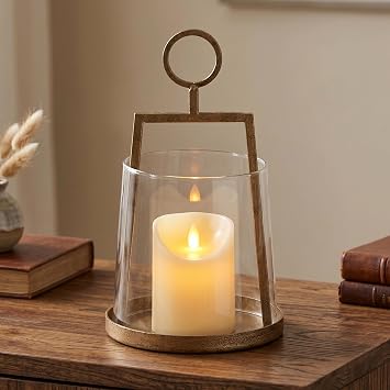 Modern Farmhouse Hurricane Candle Holder, Antique Brass Metal Centerpiece with Sturdy Glass Sleeve, Tabletop Geometric Lantern for Pillar Candles, Plants & Home Decor 6" x 10"