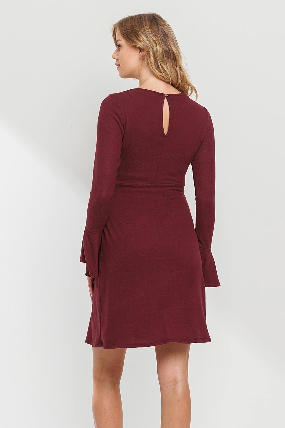 LaClef Women's Bell Sleeve Round Neck Tie Waist Sweater Knit Maternity Dress
