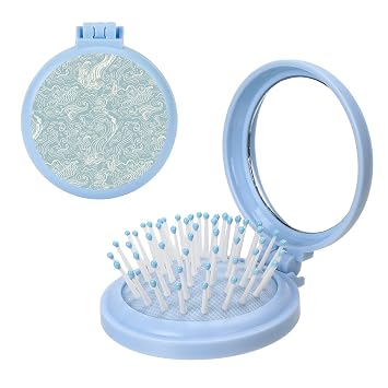 Blue White Wave Travel Hairbrush And Mirror Set, Portable Compact Folding Hair Brushes For Women, Hairs Massage Comb Womens Handbag Essential For Purse Or Backpack