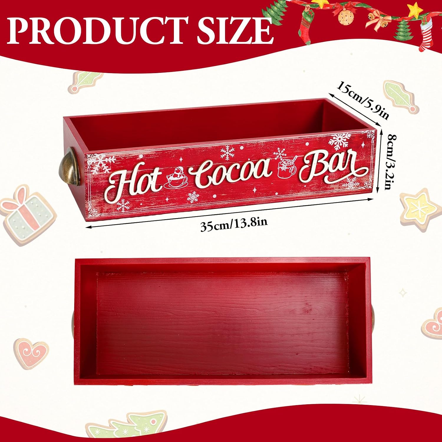 FYSUIMU Christmas 3D Hot Cocoa Bar Wood Storage Box Vintage Red Rustic Wooden Organizer Bins Tabletop with Handle for Xmas Farmhouse Party Home Office Kitchen Decor image 2