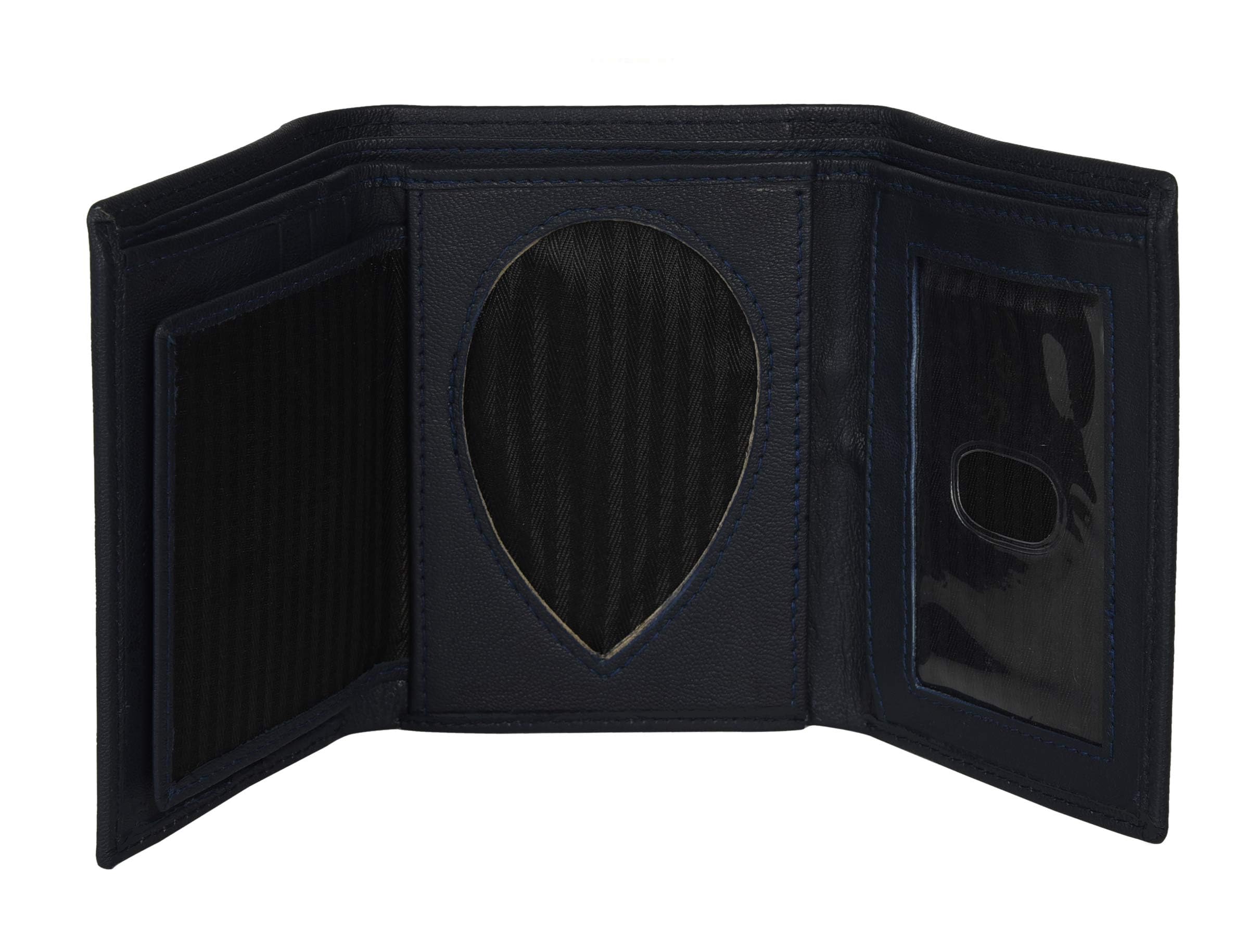 Leatherboss Genuine Leather Police Shield Shape Badge Holder Trifold Wallet, Black