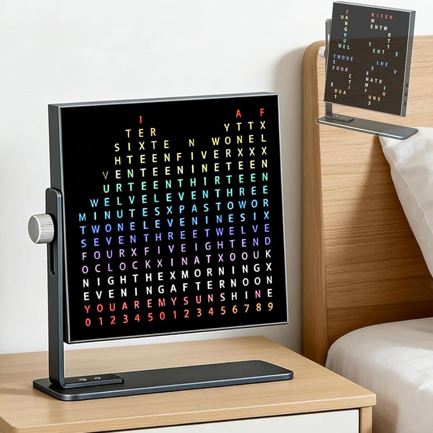 DIY Text Rhythm Wall Clock, Led Creative Text Clock with Adjustable Stand, 9 Display Styles, 7 Color Effects, 5 Brightness Levels, Built‑in Microphone, for Home, Office Decor Or Gift
