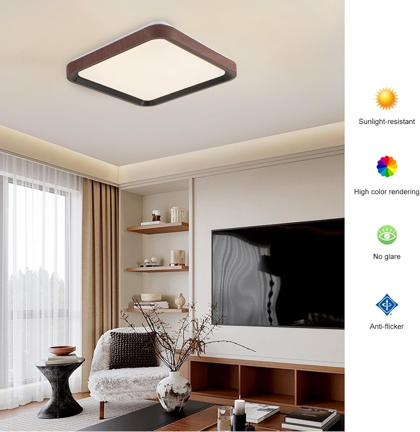 20″ Dimmable Wood Grain Flush Mount Ceiling Light, 48W with Remote Control LED Close to Ceiling Lighting Fixture, Modern Square Black Ceiling Lamp for Bedroom, Kitchen, Living Room, Laundry Room